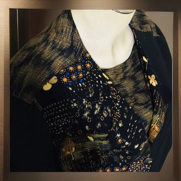 CM Shapes Blouse Womens 1X Bohemian Floral Tunic Button Up Black Brown 3/4 SLV - Picture 3 of 10